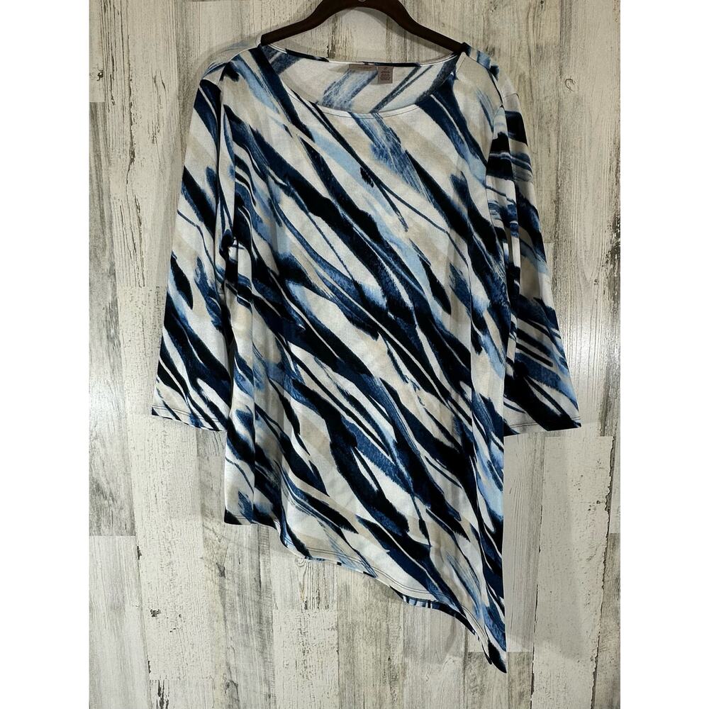 Chicos Easywear Tunic Size 2 Large Asymmetrical Hem Blue Beige White Side Slit